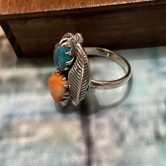 🎉sale🎉Native American coral and turquoise silver ring. - Picture 3 of 7